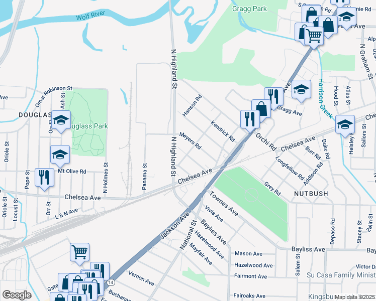 map of restaurants, bars, coffee shops, grocery stores, and more near 3508 Crow Road in Memphis