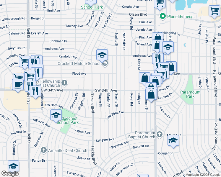 map of restaurants, bars, coffee shops, grocery stores, and more near 3317 Marion Street in Amarillo
