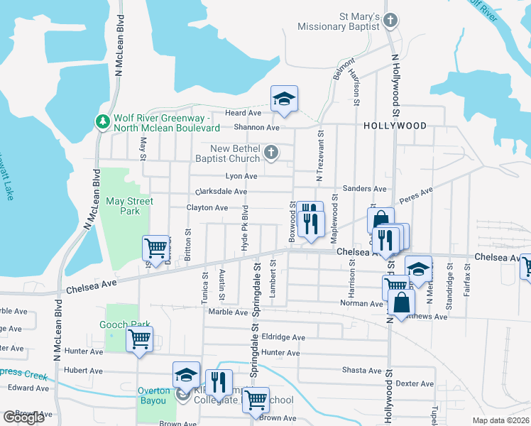 map of restaurants, bars, coffee shops, grocery stores, and more near 2203 Clayton Avenue in Memphis