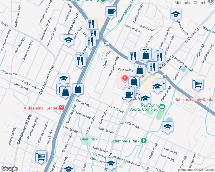map of restaurants, bars, coffee shops, grocery stores, and more near 2114 Oakland Dr NW in Cleveland