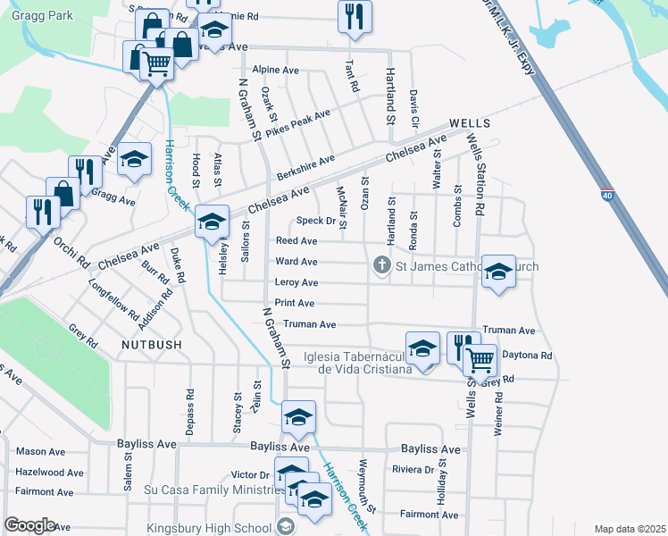 map of restaurants, bars, coffee shops, grocery stores, and more near 4111 Ward Avenue in Memphis