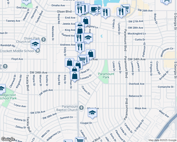 map of restaurants, bars, coffee shops, grocery stores, and more near 3500 Lometa Drive in Amarillo