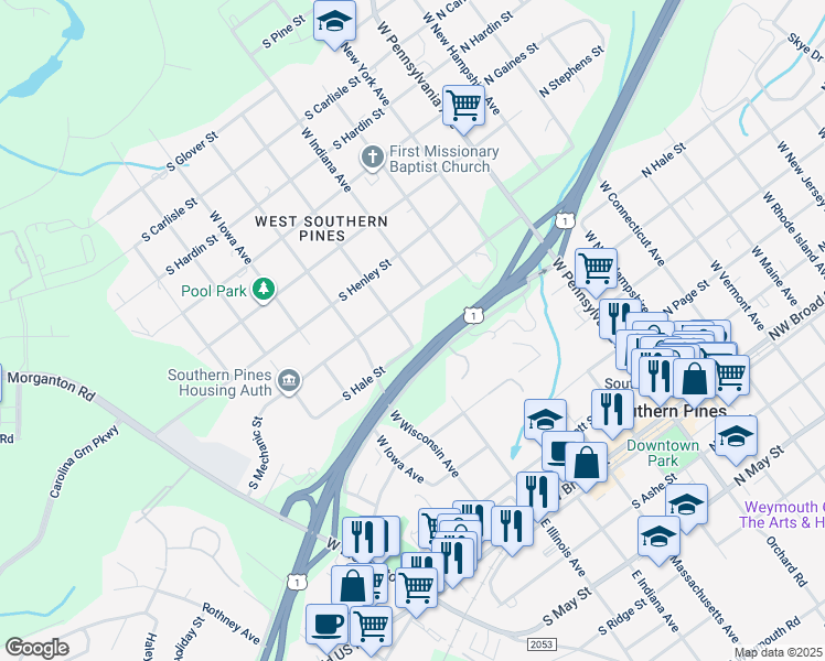 map of restaurants, bars, coffee shops, grocery stores, and more near West Illinois Avenue in Southern Pines
