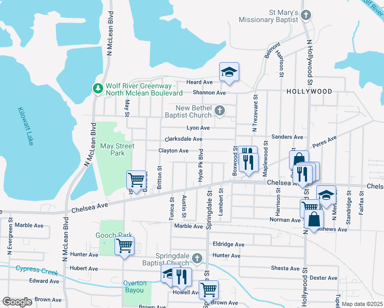 map of restaurants, bars, coffee shops, grocery stores, and more near 2159 Clayton Avenue in Memphis