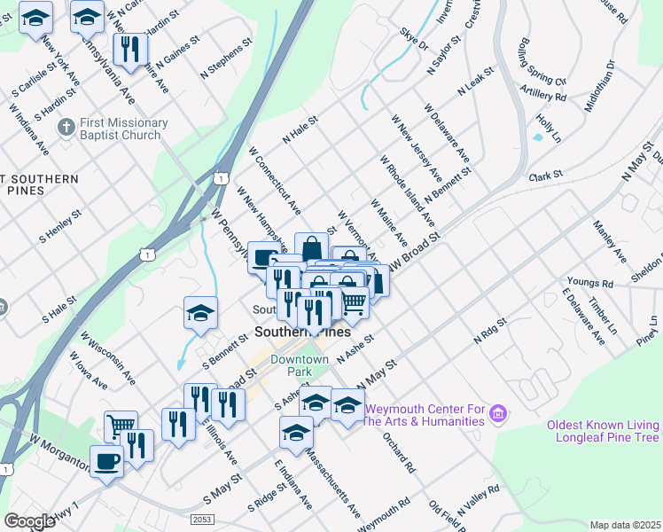 map of restaurants, bars, coffee shops, grocery stores, and more near 230 West Connecticut Avenue in Southern Pines