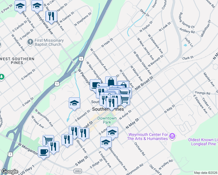 map of restaurants, bars, coffee shops, grocery stores, and more near 255 West New Hampshire Avenue in Southern Pines