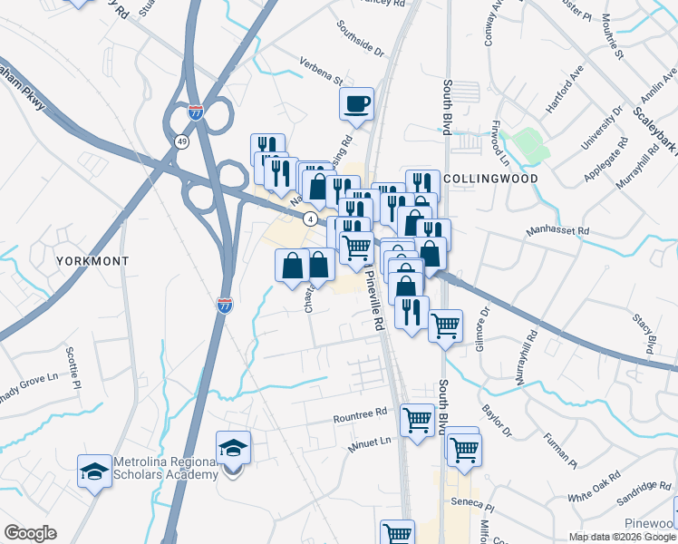 map of restaurants, bars, coffee shops, grocery stores, and more near 4801 Chastain Avenue in Charlotte