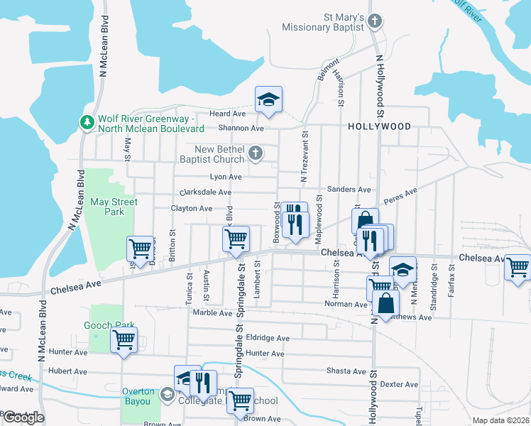 map of restaurants, bars, coffee shops, grocery stores, and more near 2251 Clayton Avenue in Memphis