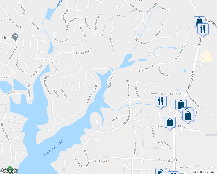 map of restaurants, bars, coffee shops, grocery stores, and more near 171 Sugar Gum Lane in Pinehurst