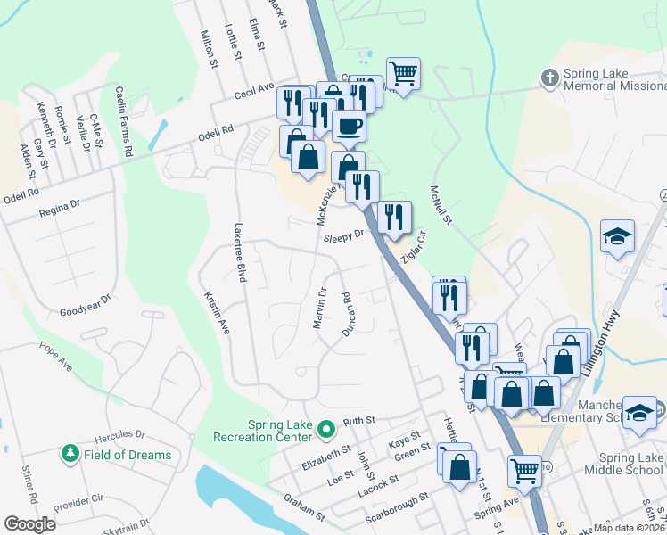 map of restaurants, bars, coffee shops, grocery stores, and more near 106 Duncan Road in Spring Lake