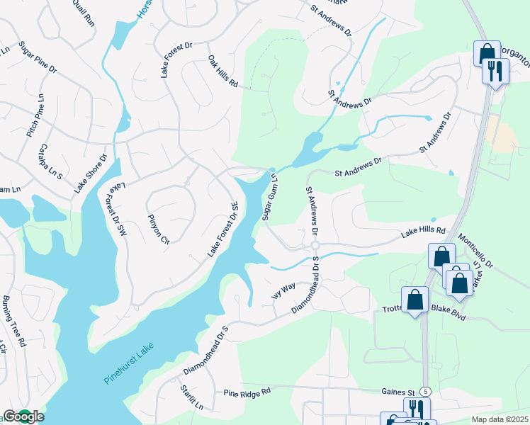 map of restaurants, bars, coffee shops, grocery stores, and more near 229 Sugar Gum Lane in Pinehurst