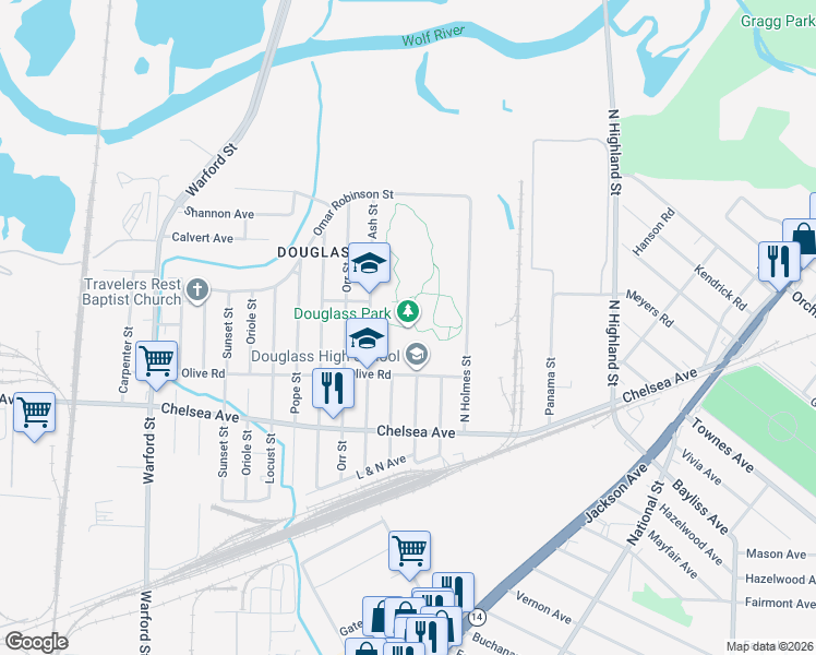 map of restaurants, bars, coffee shops, grocery stores, and more near 1616 Ash Street in Memphis