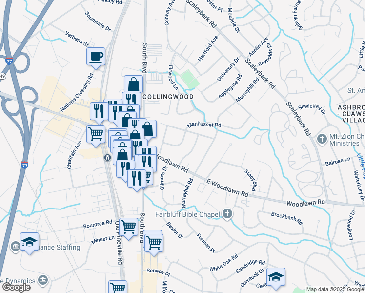 map of restaurants, bars, coffee shops, grocery stores, and more near 532 Manhasset Road in Charlotte