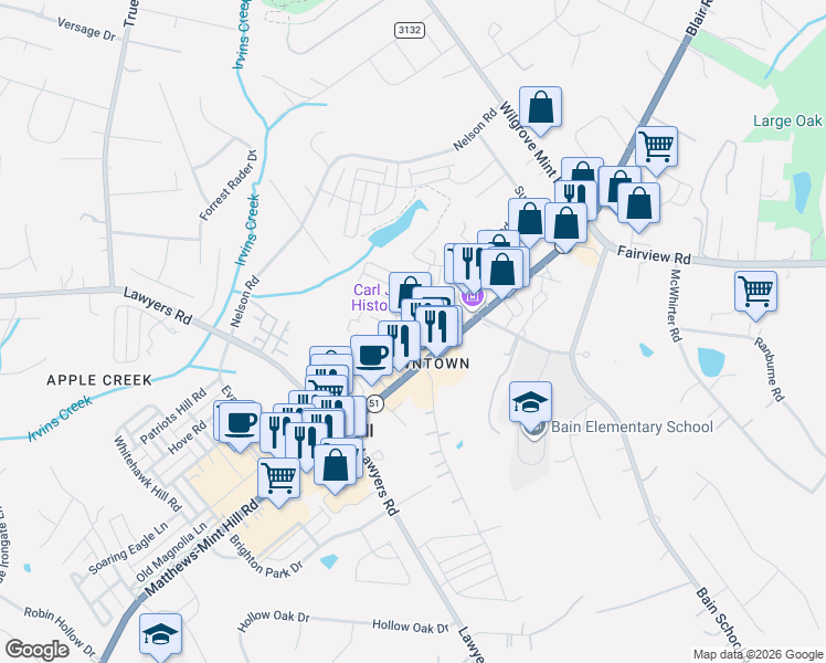 map of restaurants, bars, coffee shops, grocery stores, and more near 4520 Mint Hill Village Lane in Mint Hill