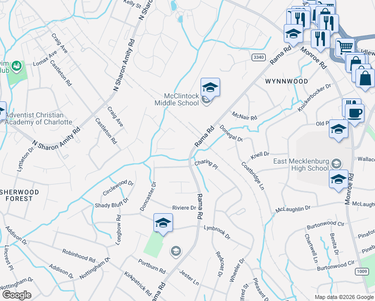 map of restaurants, bars, coffee shops, grocery stores, and more near in Charlotte