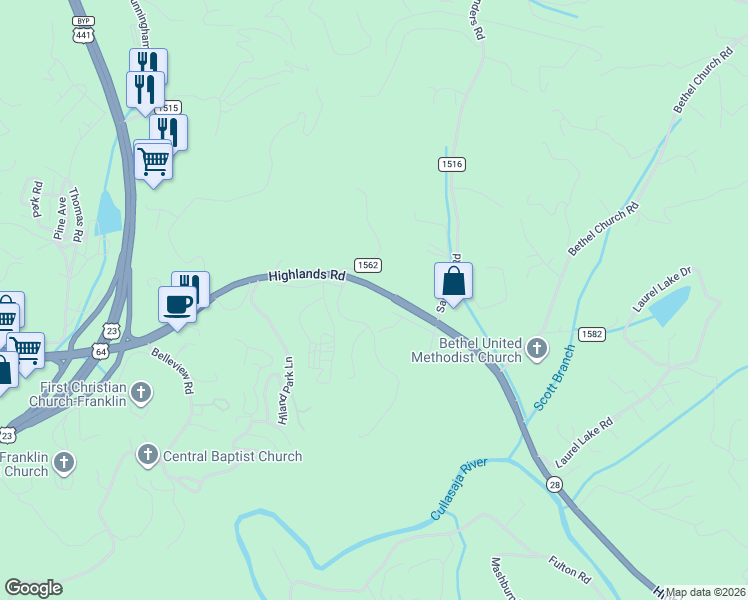 map of restaurants, bars, coffee shops, grocery stores, and more near 2093 Highlands Road in Franklin