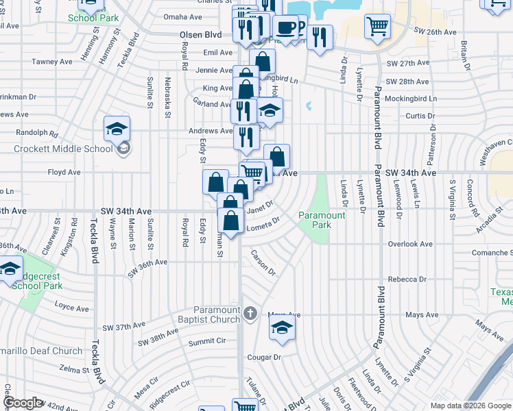 map of restaurants, bars, coffee shops, grocery stores, and more near 3518 Janet Drive in Amarillo