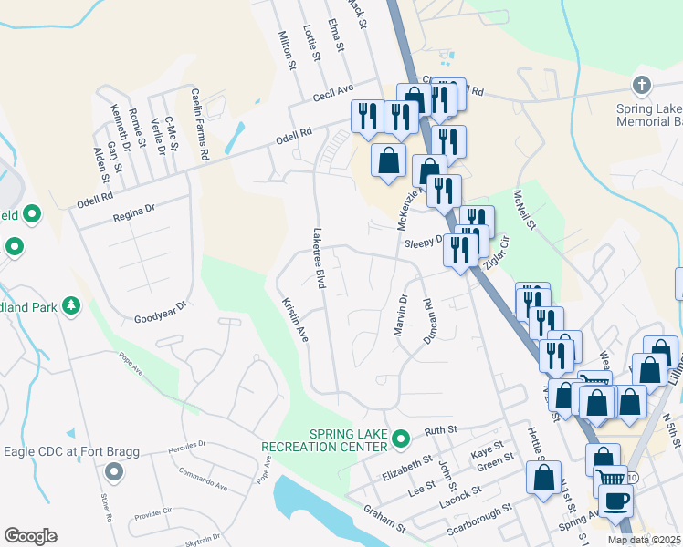 map of restaurants, bars, coffee shops, grocery stores, and more near 415 Tolbert Court in Spring Lake