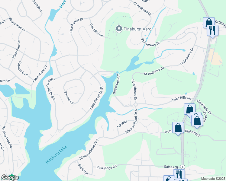 map of restaurants, bars, coffee shops, grocery stores, and more near 580 Lake Forest Drive Southeast in Pinehurst