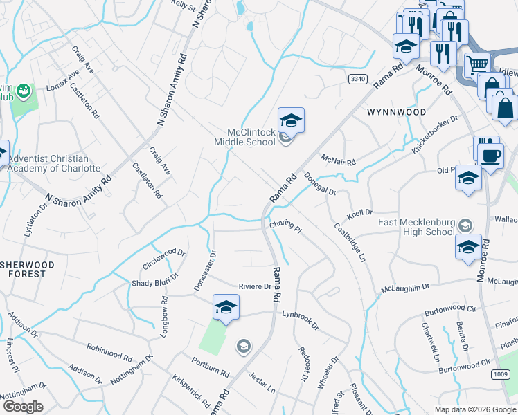 map of restaurants, bars, coffee shops, grocery stores, and more near in Charlotte