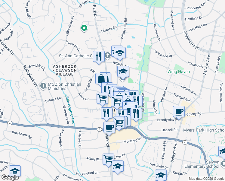 map of restaurants, bars, coffee shops, grocery stores, and more near 1127 Reece Road in Charlotte
