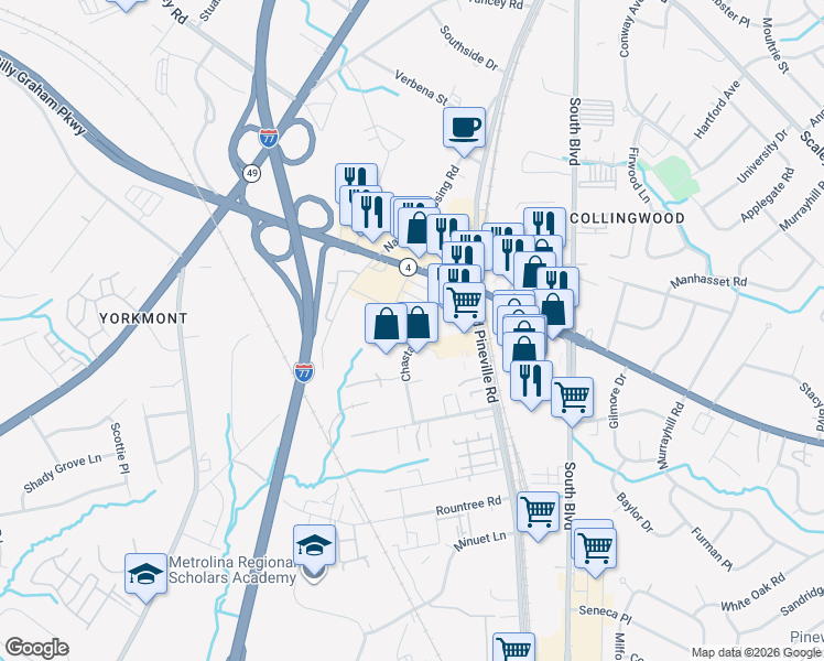 map of restaurants, bars, coffee shops, grocery stores, and more near 4801 Chastain Avenue in Charlotte