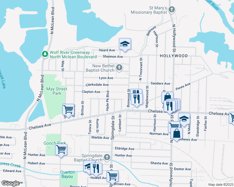 map of restaurants, bars, coffee shops, grocery stores, and more near 2203 Clayton Avenue in Memphis