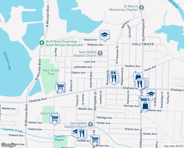 map of restaurants, bars, coffee shops, grocery stores, and more near 2203 Clayton Avenue in Memphis
