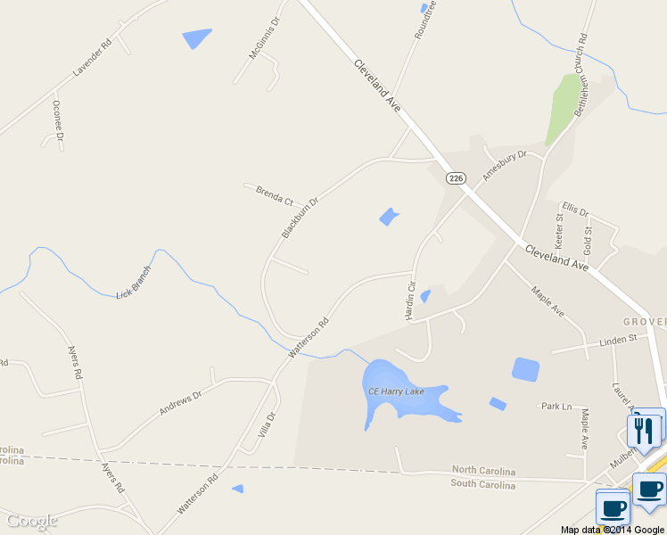 map of restaurants, bars, coffee shops, grocery stores, and more near 111 Red Bird Court in Grover