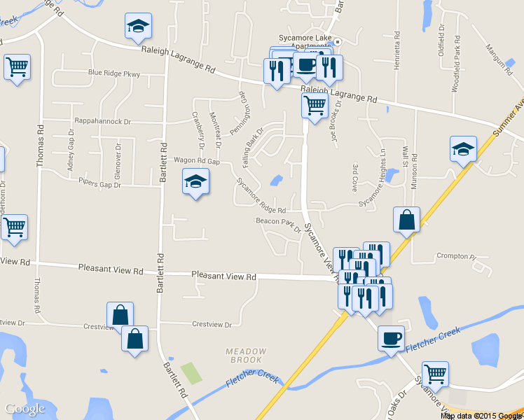 map of restaurants, bars, coffee shops, grocery stores, and more near 5685 Sycamore Ridge Rd in Memphis