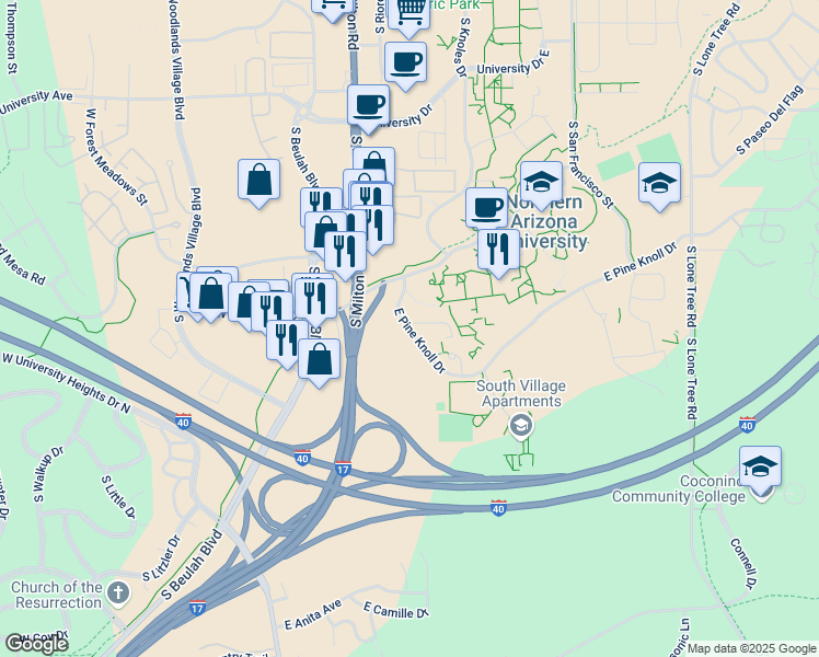 map of restaurants, bars, coffee shops, grocery stores, and more near East Pine Knoll Drive in Flagstaff
