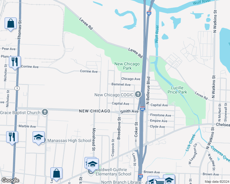 map of restaurants, bars, coffee shops, grocery stores, and more near 1346 Kney Street in Memphis