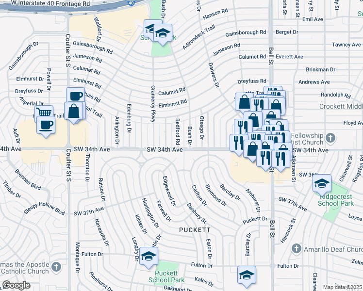 map of restaurants, bars, coffee shops, grocery stores, and more near 6400-6498 SW 34th Ave in Amarillo