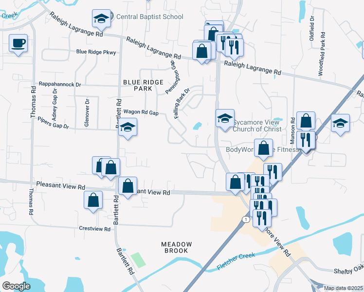 map of restaurants, bars, coffee shops, grocery stores, and more near 5685 Sycamore Ridge Road in Memphis