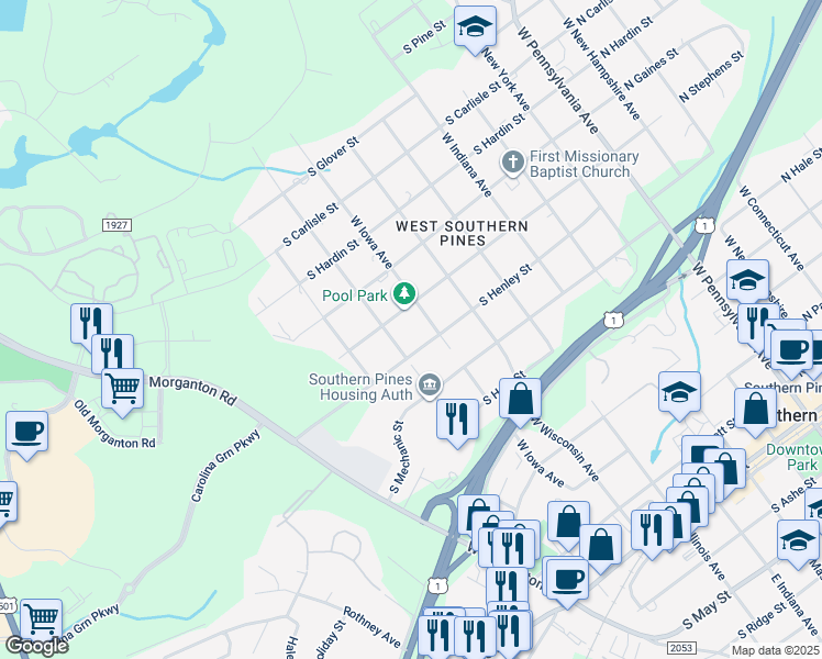 map of restaurants, bars, coffee shops, grocery stores, and more near 730 South Henley Street in Southern Pines