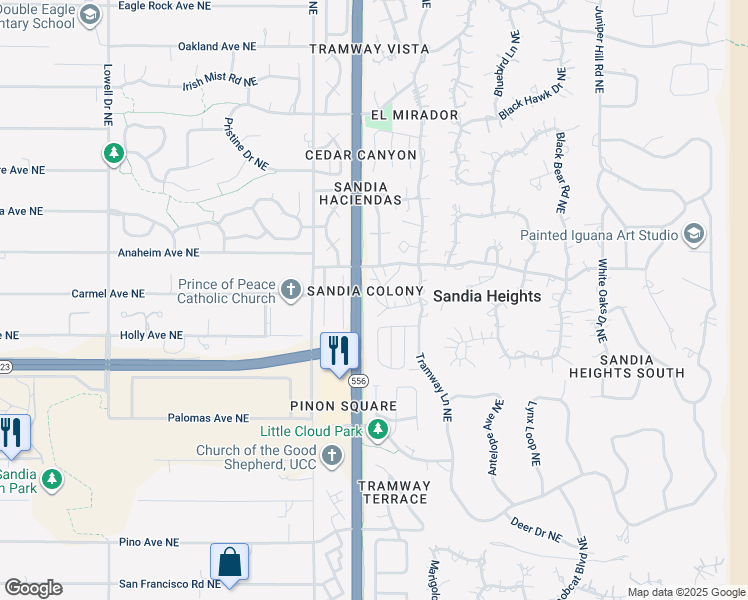 map of restaurants, bars, coffee shops, grocery stores, and more near 875 Tramway Lane Court Northeast in Albuquerque