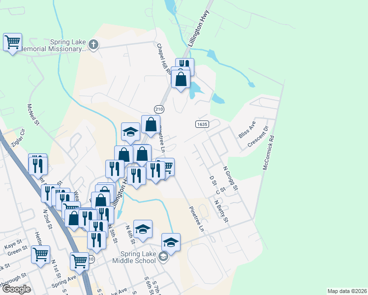 map of restaurants, bars, coffee shops, grocery stores, and more near 1302 King Street in Spring Lake