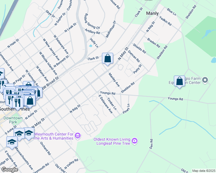 map of restaurants, bars, coffee shops, grocery stores, and more near 925 North Ridge Street in Southern Pines