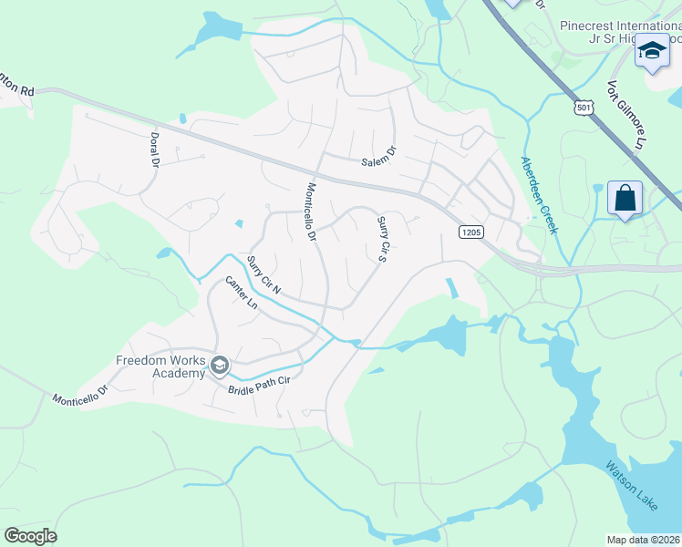 map of restaurants, bars, coffee shops, grocery stores, and more near 1355 Monticello Drive in Pinehurst