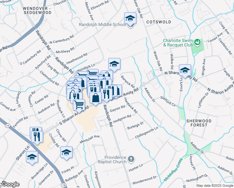 map of restaurants, bars, coffee shops, grocery stores, and more near 4710 Hardwick Road in Charlotte