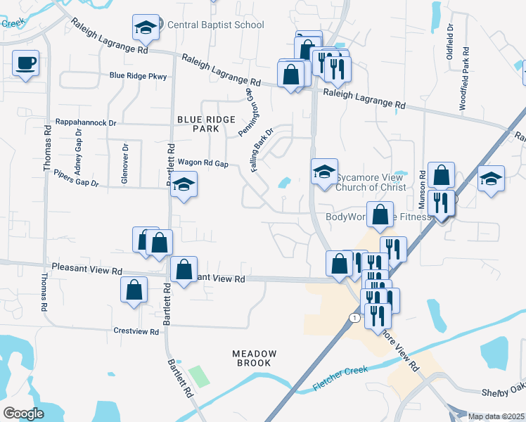 map of restaurants, bars, coffee shops, grocery stores, and more near 5685 Sycamore Ridge Road in Memphis