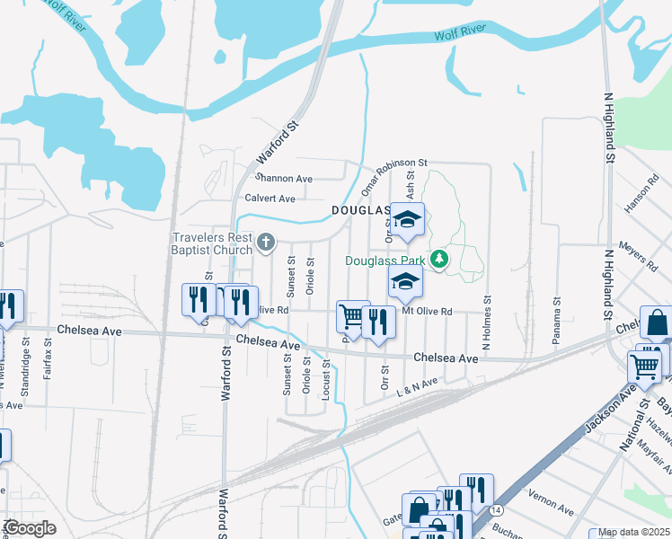map of restaurants, bars, coffee shops, grocery stores, and more near 1613 Pope Street in Memphis