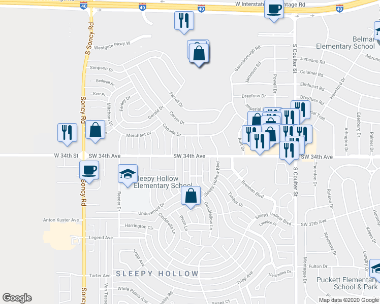 map of restaurants, bars, coffee shops, grocery stores, and more near 3311 Huey Place in Amarillo