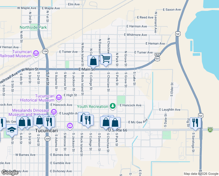 map of restaurants, bars, coffee shops, grocery stores, and more near 301-399 South Choctaw Street in Tucumcari