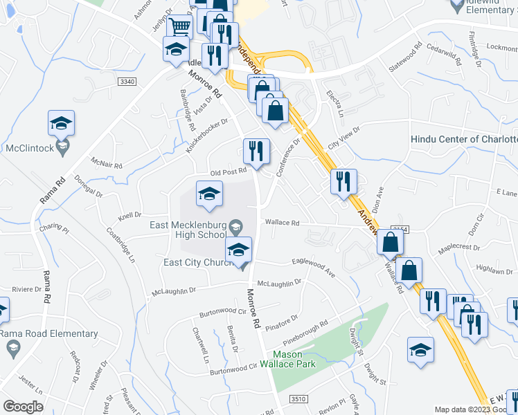 map of restaurants, bars, coffee shops, grocery stores, and more near Monroe Rd & Conference Dr in Charlotte