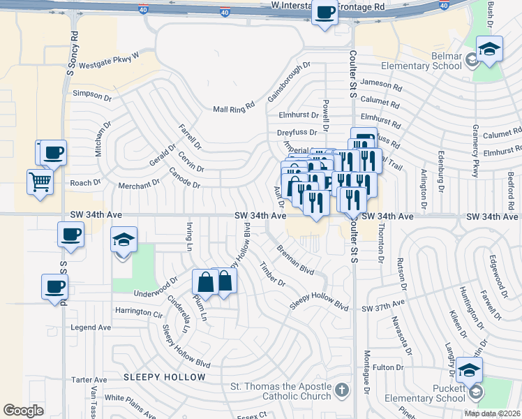 map of restaurants, bars, coffee shops, grocery stores, and more near 7643-7699 SW 34th Ave in Amarillo