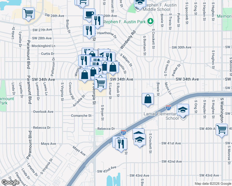 map of restaurants, bars, coffee shops, grocery stores, and more near 2300-2398 West 35th Avenue in Amarillo