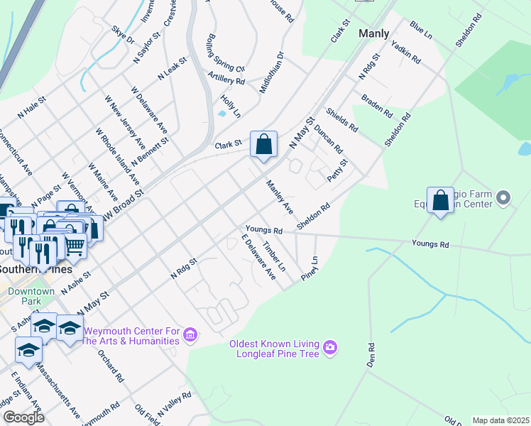 map of restaurants, bars, coffee shops, grocery stores, and more near 925 North Ridge Street in Southern Pines