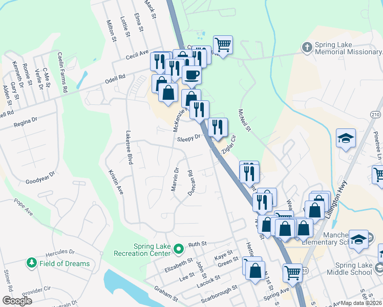map of restaurants, bars, coffee shops, grocery stores, and more near 106 Duncan Road in Spring Lake