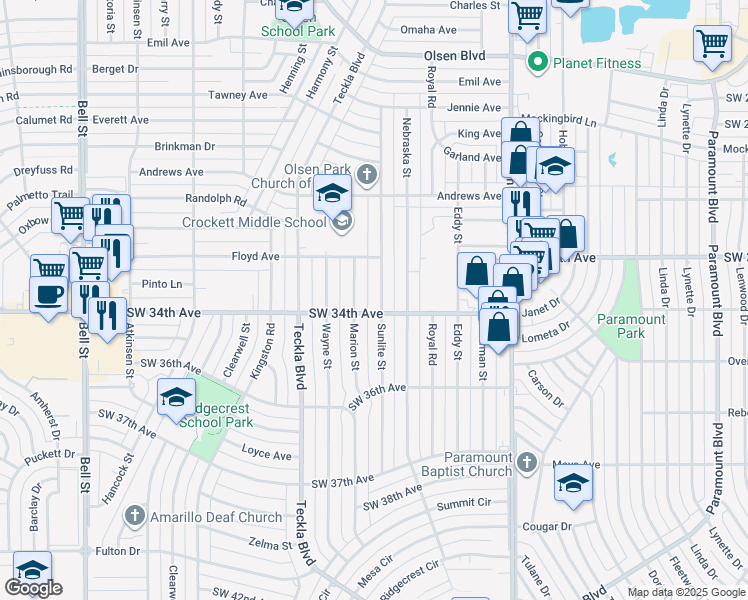 map of restaurants, bars, coffee shops, grocery stores, and more near 3317 Marion Street in Amarillo